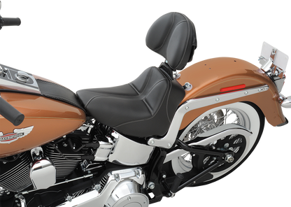 Black SADDLEMEN Dominator Solo Seat with gray stitching for FLSTC/N 2006-2017, showcasing stitched leather upholstery.