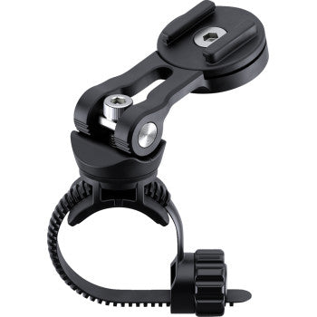 Bill's Exhausts SP CONNECT universal device mount attached to a motorcycle handlebar for secure smartphone attachment.