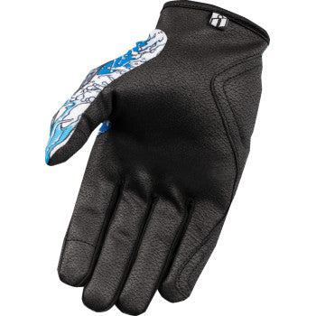 Blue ICON Hooligan Dino Fury gloves in 3XL size, featuring a rugged design and detailed graphics, from Bill's Exhausts.