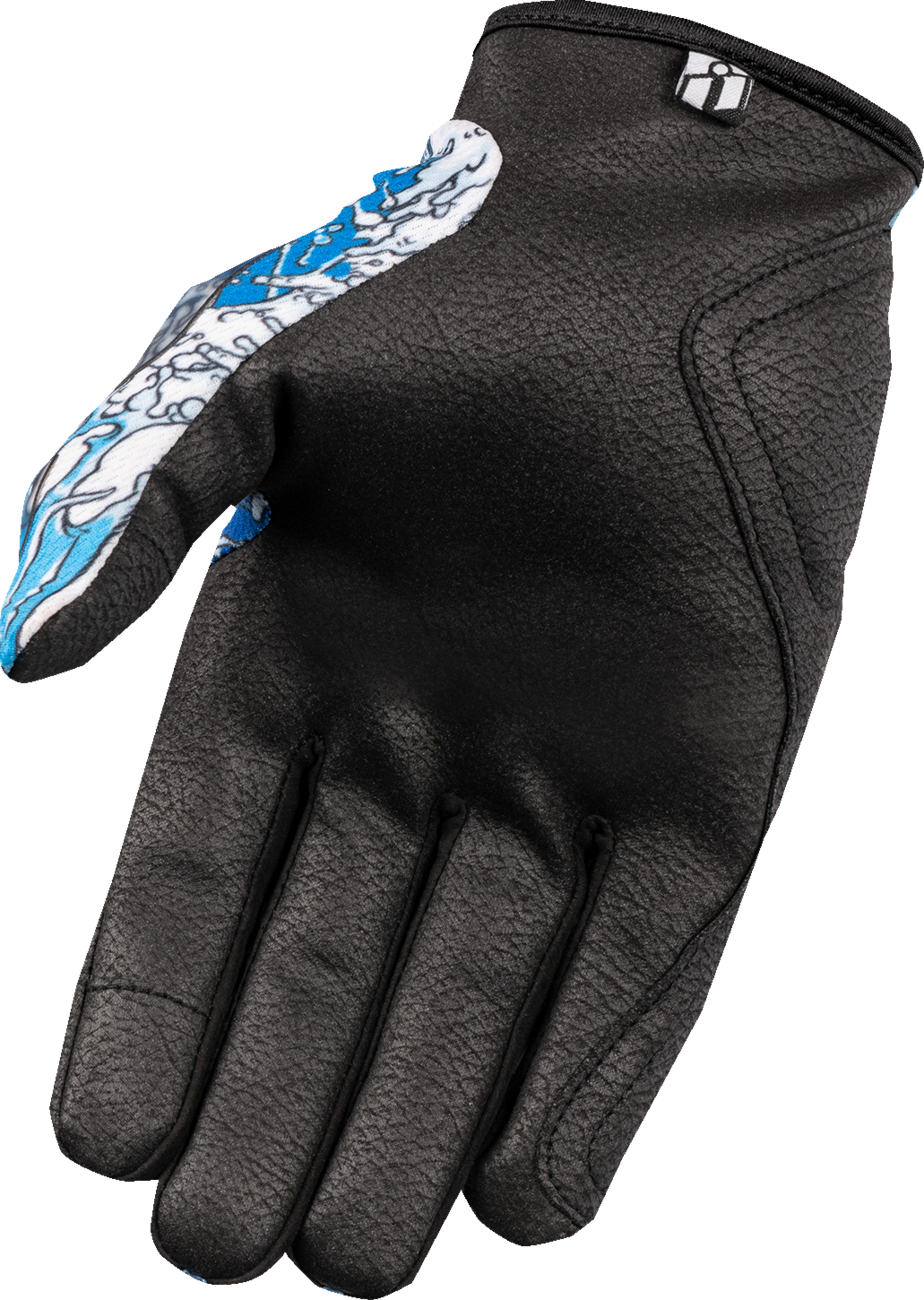 Blue ICON Hooligan Dino Fury gloves in small size, featuring detailed design and durable material for active wear.
