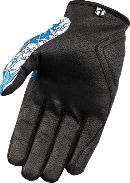 Blue ICON Hooligan Dino Fury gloves in small size, featuring detailed design and durable material for active wear.
