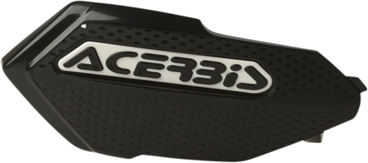 A pair of ACERBIS Black and White X-Elite Handguards for motorcycle handlebars, mounted on a bike handlebar.