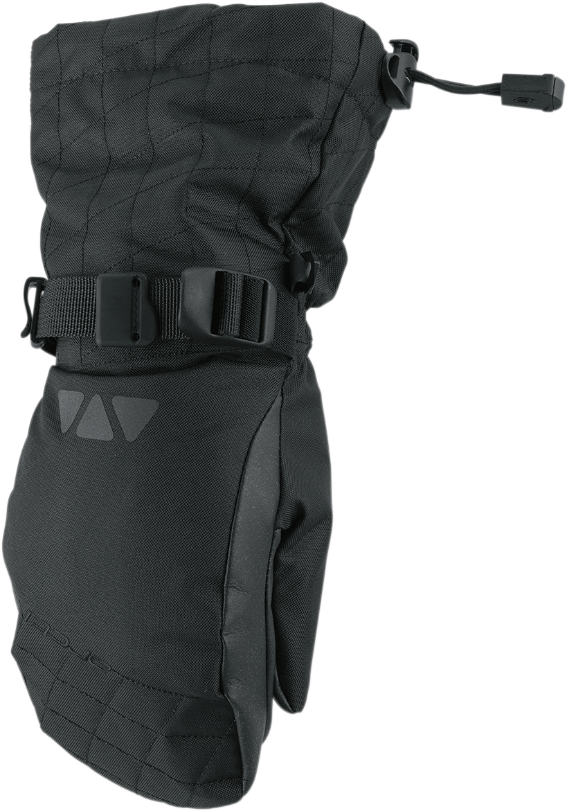 Black Bill's Exhausts Women's Pivot Mittens in medium size, showing the insulated mittens with a smooth exterior and adjustable wrist strap.