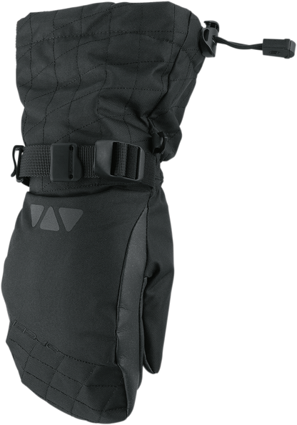 Black Bill's Exhausts Women's Pivot Mittens in medium size, showing the insulated mittens with a smooth exterior and adjustable wrist strap.