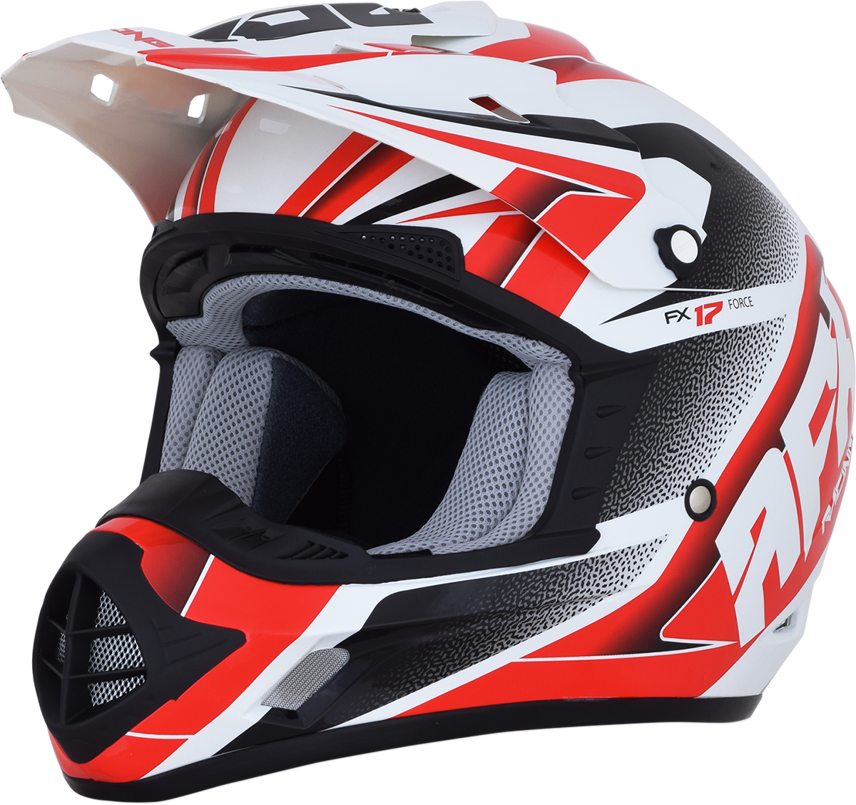 Pearl white and red AFX FX-17 Force helmet by Bill's Exhausts, small size, with sleek aerodynamic design and clear visor.
