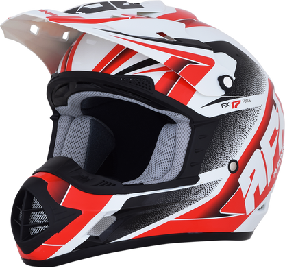 Pearl white and red AFX FX-17 Force helmet by Bill's Exhausts, small size, with sleek aerodynamic design and clear visor.