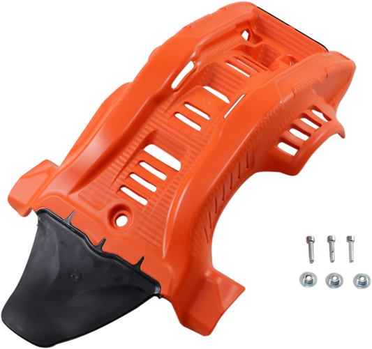 Orange and black ACERBIS skid plate for Gas Gas, Husqvarna, and KTM motorcycles, designed for engine protection and durability.