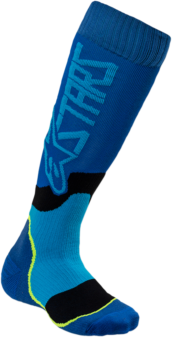 Alpinestars MX Plus 2 youth protective motocross socks in blue and cyan, medium/large size, featuring cushioning and durability.