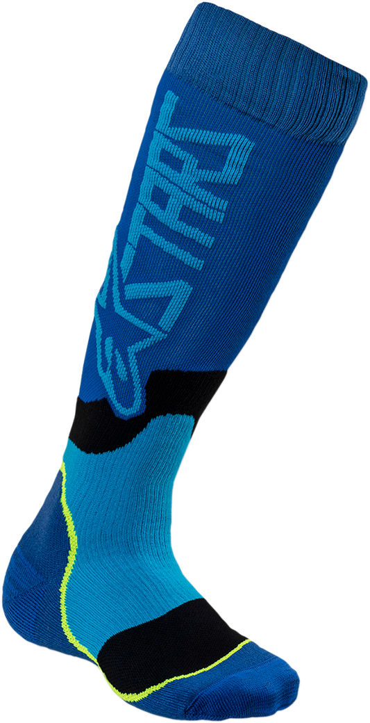 Alpinestars MX Plus 2 youth protective motocross socks in blue and cyan, medium/large size, featuring cushioning and durability.