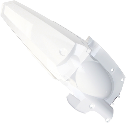 A white Acerbis rear fender for motorcycle, mounted on a bike, showcasing its durable plastic body design.