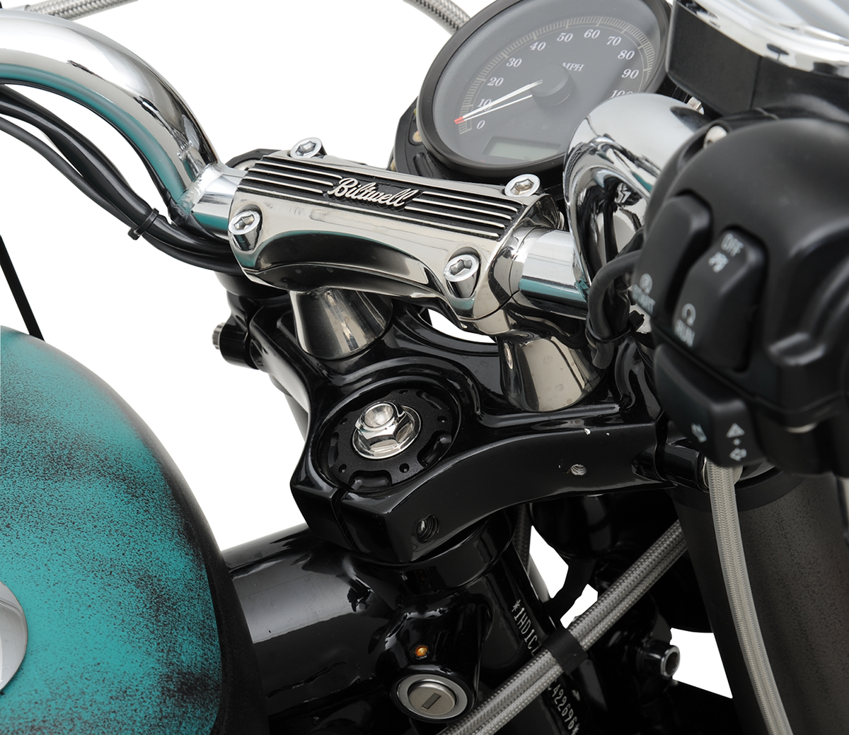 Polished 2-inch BILTWELL Thunder Risers handlebars by Bill's Exhausts, showcasing their sleek, shiny metal finish and ergonomic design.