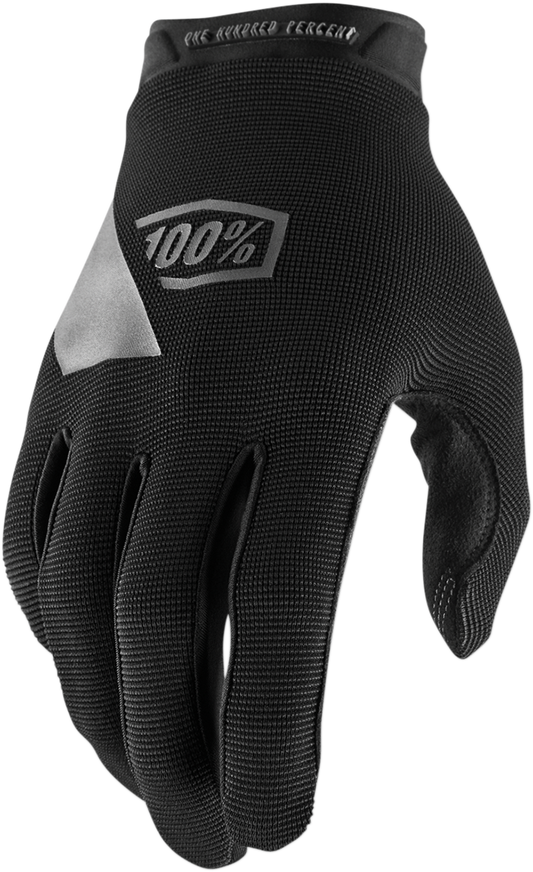 Black and charcoal Ridecamp gloves by Bill's Exhausts, size XL, featuring padded fingertips and flexible fabric for comfort.