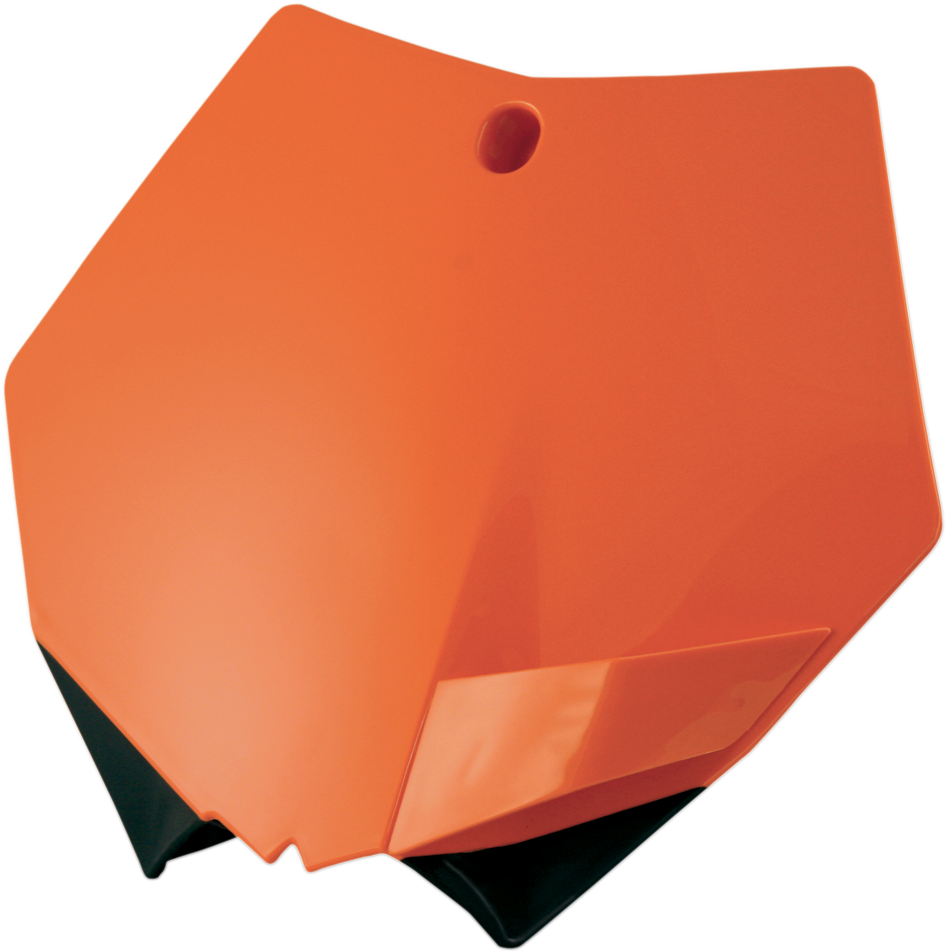 Orange Acerbis front number plate for motorcycle, body part with bold orange color and mounting holes, designed for durability.