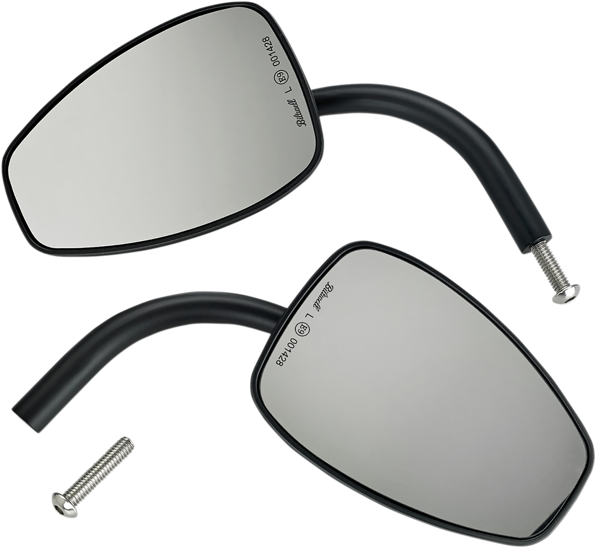 Black Tear Drop motorcycle mirror by Bill's Exhausts with a sleek, curved design reflecting in the image.