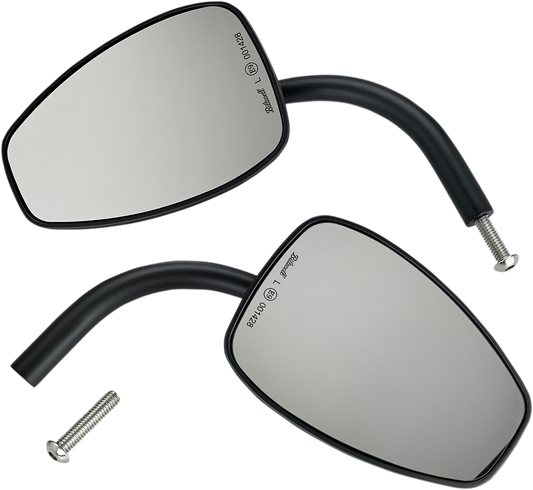 Black Tear Drop motorcycle mirror by Bill's Exhausts with a sleek, curved design reflecting in the image.