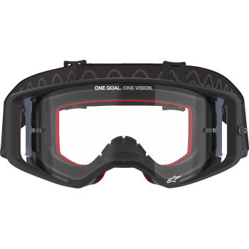 Alpinestars Supertech Goggle in black and gray with clear lens, designed for high-performance motocross or racing activities.