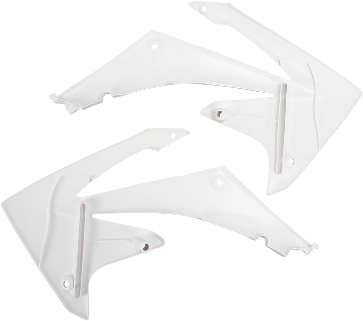 White ACERBIS radiator shrouds for motorcycle body, designed for optimal airflow and protection.