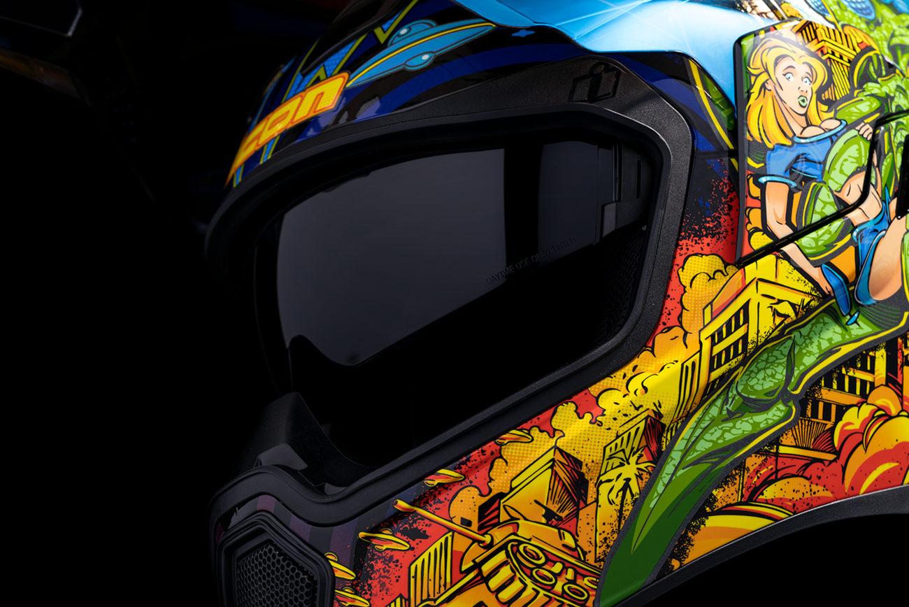 Blue ICON Airflite™ helmet with Bugoid Blitz design in 3XL size, featuring aerodynamic shape and clear visor.