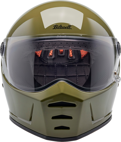 Gloss olive green BILTWell Lane Splitter motorcycle helmet in XS size, featuring a sleek, aerodynamic design and full face coverage.