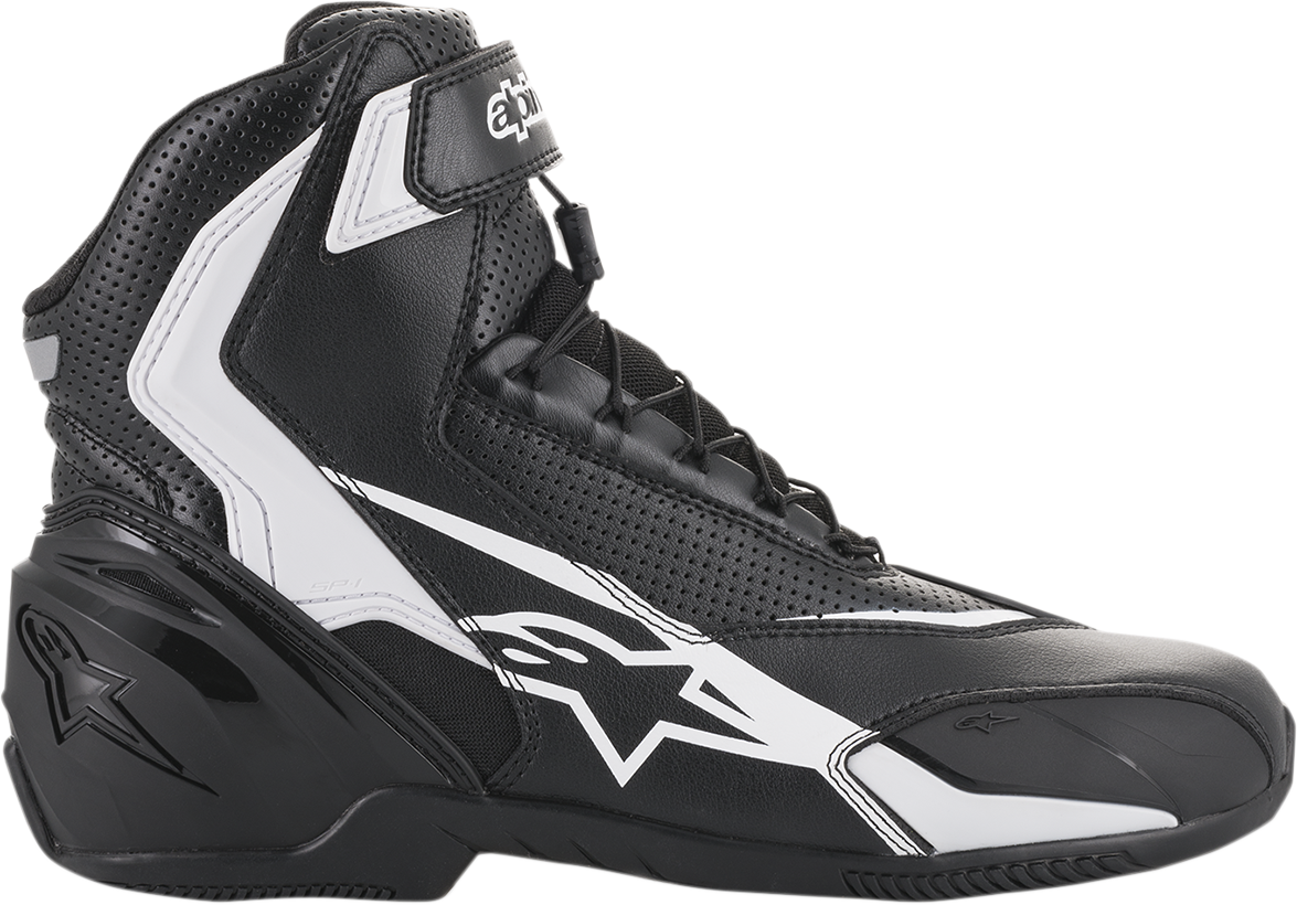 Alpinestars SP-1 v2 vented racing shoes in black and white, US 8, EU 42, featuring sleek design and breathable material.