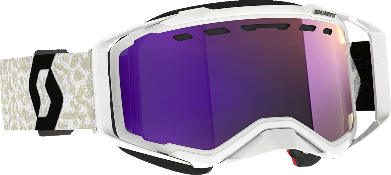 Scott Prospect Snow Cross Goggle in white and black with enhancer purple chrome lens, designed for winter sports and snowboarding.