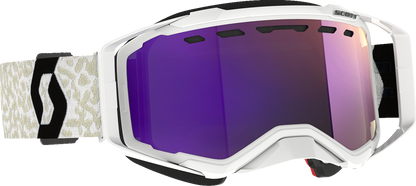 Scott Prospect Snow Cross Goggle in white and black with enhancer purple chrome lens, designed for winter sports and snowboarding.