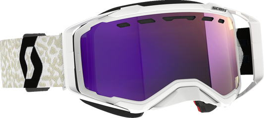 Scott Prospect Snow Cross Goggle in white and black with enhancer purple chrome lens, designed for winter sports and snowboarding.