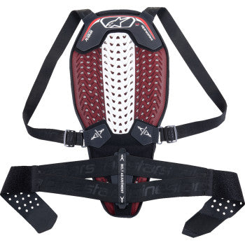 Alpinestars Nucleon Plasma back protector in black, white, and red, shown in large size with adjustable straps and protective padding.