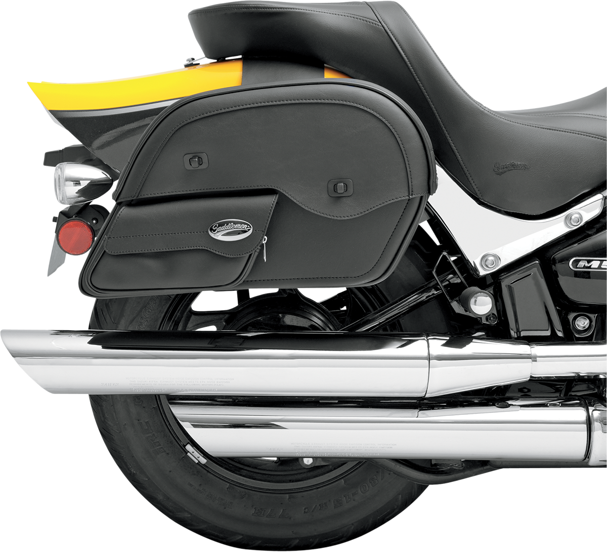 Cruis'n Slant Face Pouch Saddlebags by Saddlemens, designed for motorcycle seats, mounted on a bike with durable leather finish.