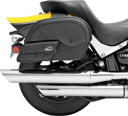 Cruis'n Slant Face Pouch Saddlebags by Saddlemens, designed for motorcycle seats, mounted on a bike with durable leather finish.