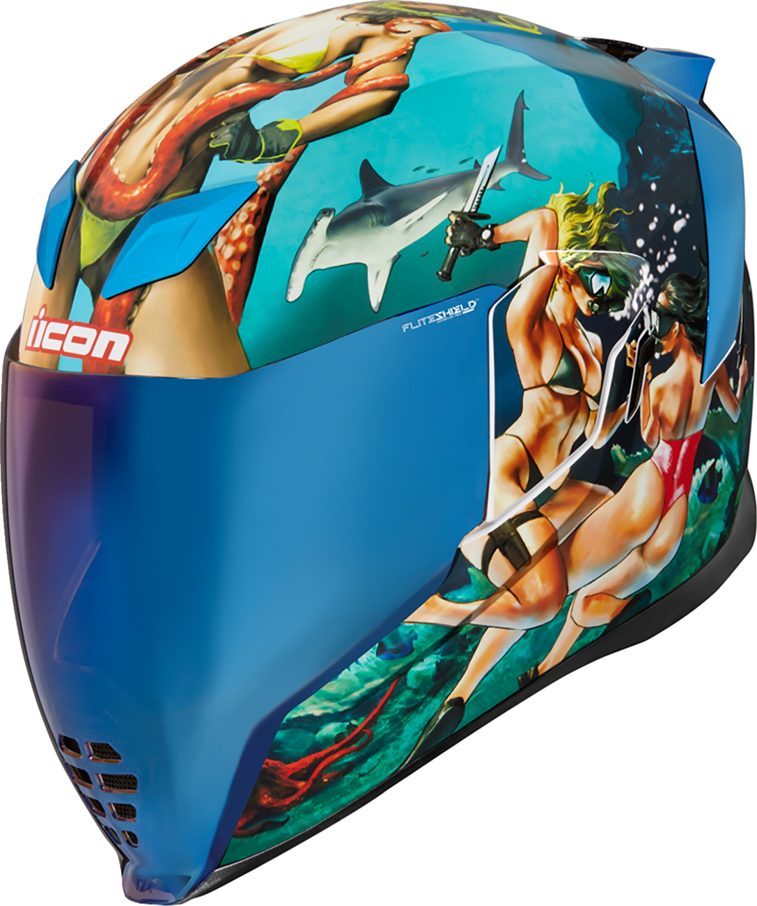 Blue ICON Airflite™ helmet in small size with Pleasuredome4 design, featuring aerodynamic shape and clear visor.