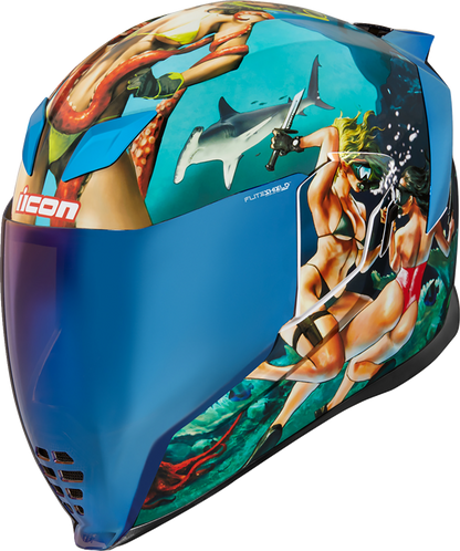 Blue ICON Airflite™ helmet with Pleasuredome4 design, shown from side view, size XS, featuring aerodynamic helmet shape and visor.
