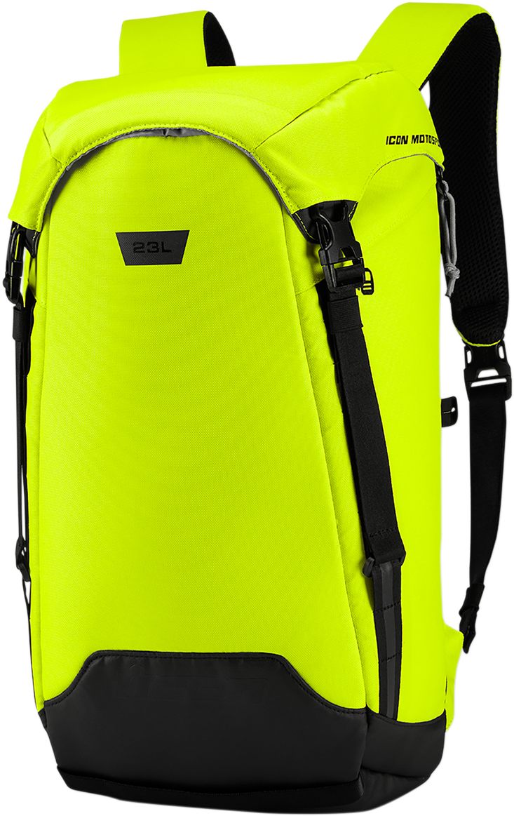 Bill's Exhausts ICON Backpack in Hi Vis with reflective straps, durable fabric, and multiple compartments for everyday use.