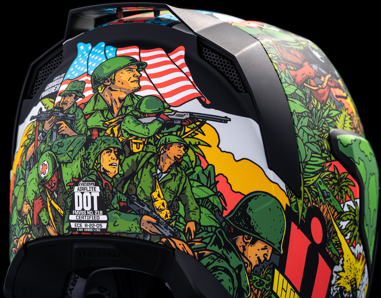 Green ICON Airflite™ GP23 motorcycle helmet with visor and aerodynamic design, medium size, featuring bold graphics and ventilation.