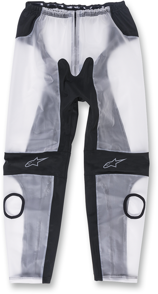 Alpinestars racing rain pants in black and clear, medium size, designed for motorcycle racing protection.