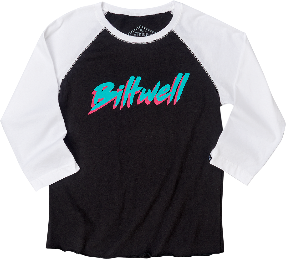 Bill's Exhausts women's 1985 raglan T-shirt in black and white, medium size, featuring a classic baseball style design.