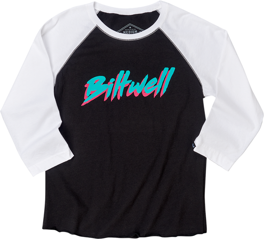 Black and white BILTWELL Women's 1985 Raglan T-Shirt, small size, featuring classic sporty design and casual fit.