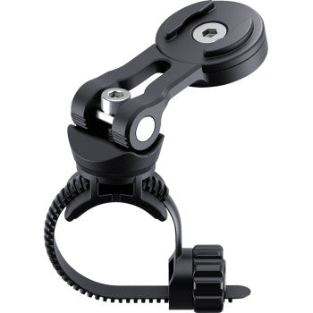 Universal SP CONNECT device mount by Bill's Exhausts attached to a motorcycle handlebar for secure phone placement.