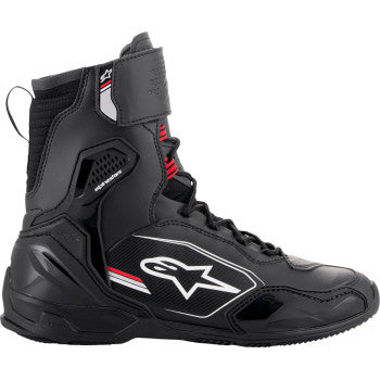 Alpinestars Superfaster riding shoes in black, gray, and red with US 9.5 size, featuring sporty design and durable construction.