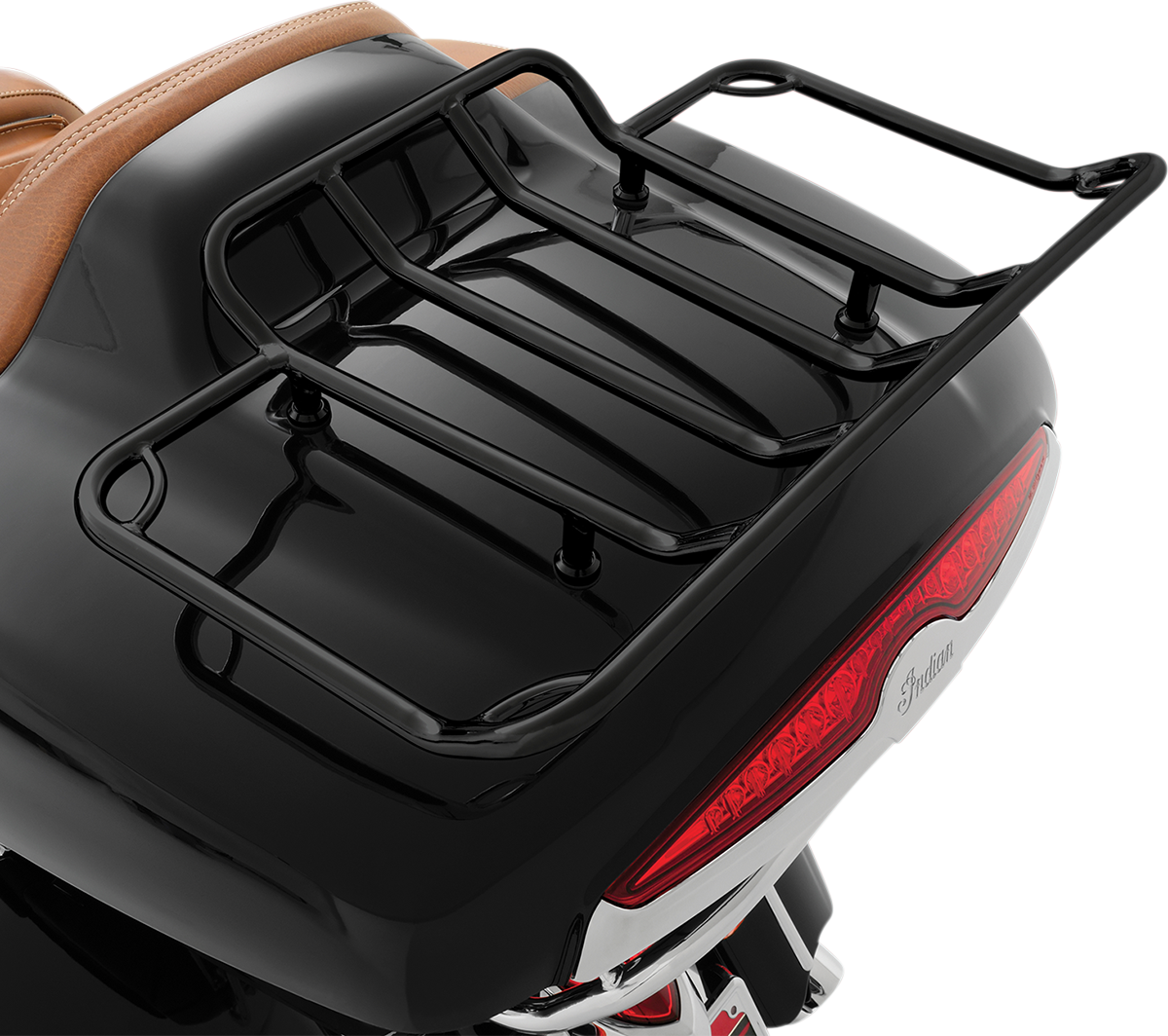 Bill's Exhausts SHOW CHROME trunk luggage rack for engine, black metal with sturdy design and mounting brackets.