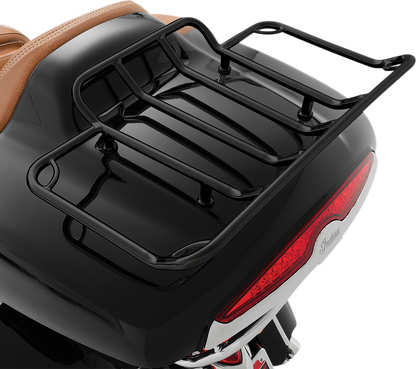 Bill's Exhausts SHOW CHROME trunk luggage rack for engine, black metal with sturdy design and mounting brackets.
