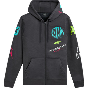 Alpinestars Variegate Zip Hoodie in gunmetal, medium size, featuring a front zipper and casual fit, displayed on a hanger.