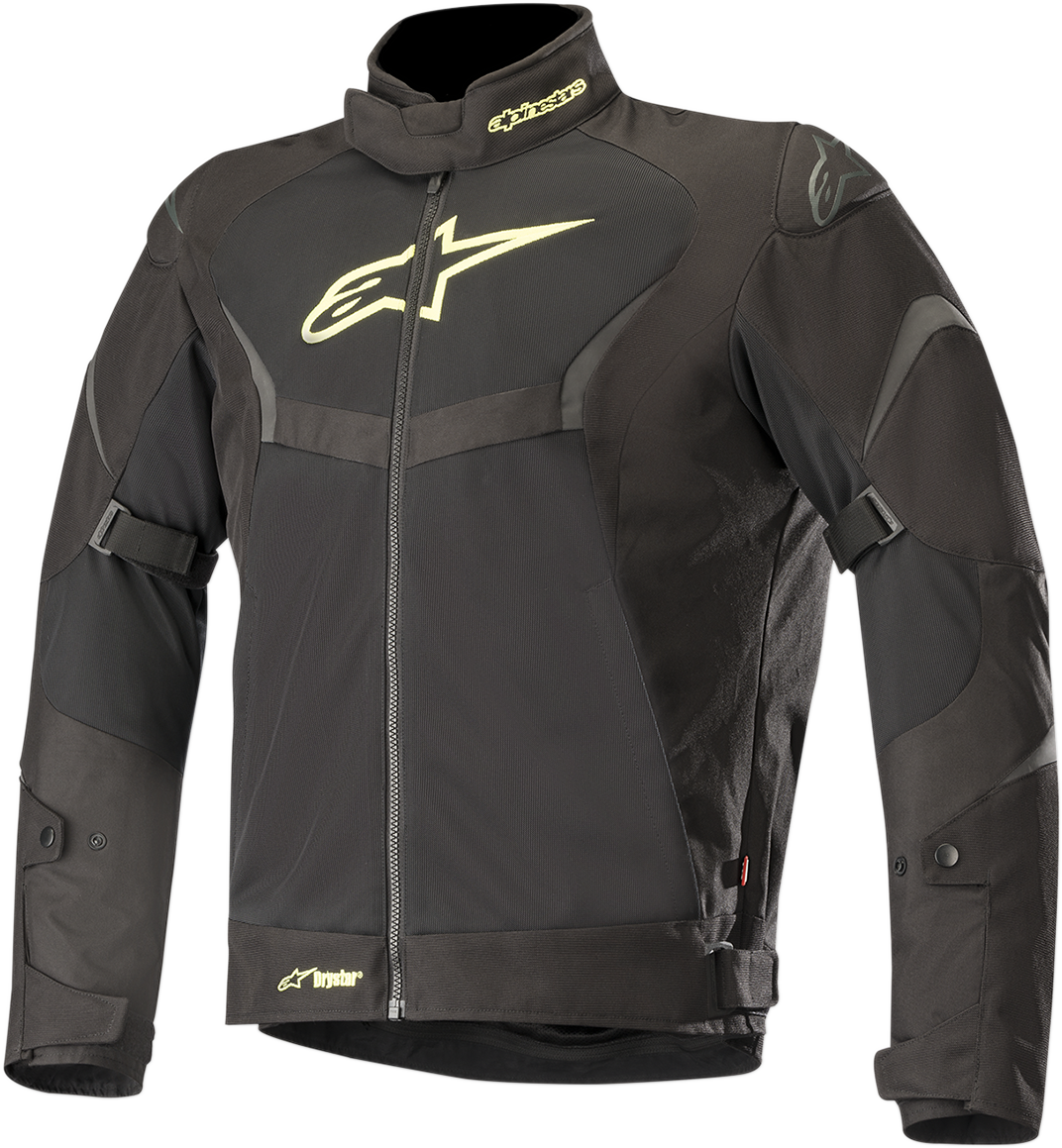 Alpinestars T-Core Drystar jacket in black and yellow, medium size, showing the durable motorcycle jacket with logo details.