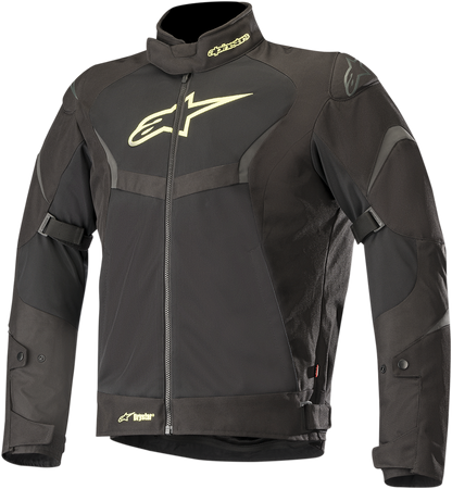 Alpinestars T-Core Drystar jacket in black and yellow, medium size, showing the durable motorcycle jacket with logo details.