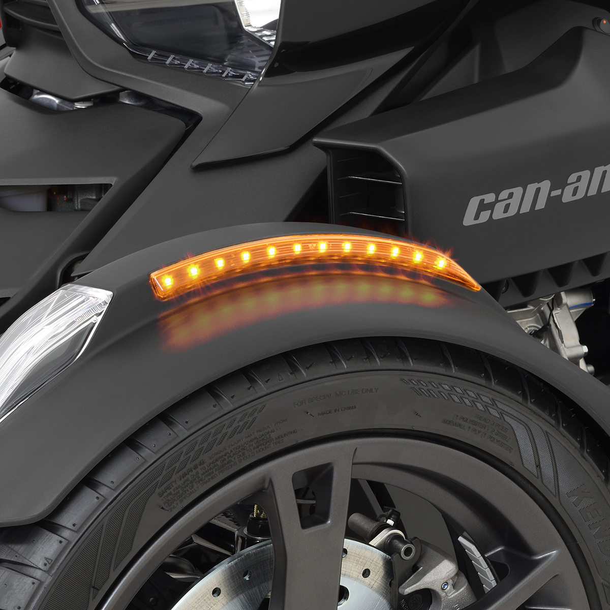 Bill's Exhausts Show Chrome Front Fender LED Light Kit in amber for F3, RT, Ryker models, engine lighting accessory.