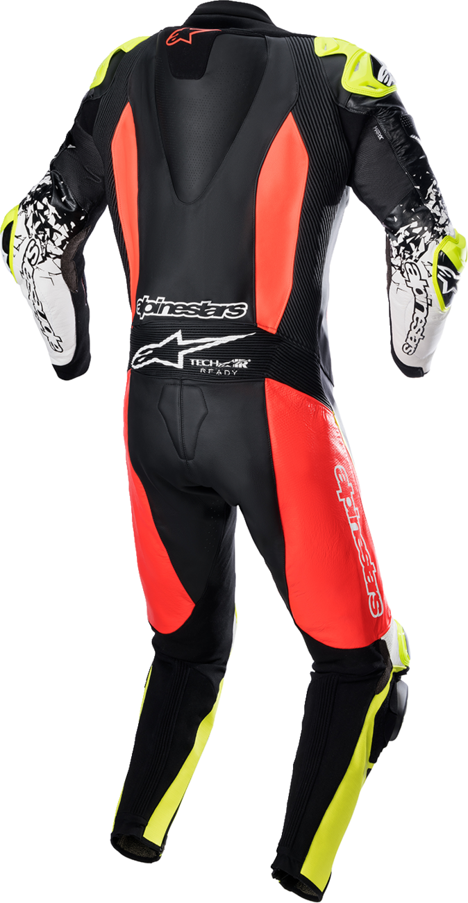 Alpinestars GP Tech Suit v4 leather racing suit in black, red fluorescent, and yellow fluorescent, US 40 / EU 50.