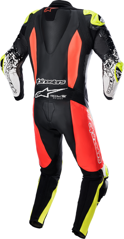 Alpinestars GP Tech Suit v4 in black, red, and fluorescent yellow leather racing suit with padded armor, size US 44 / EU 54.