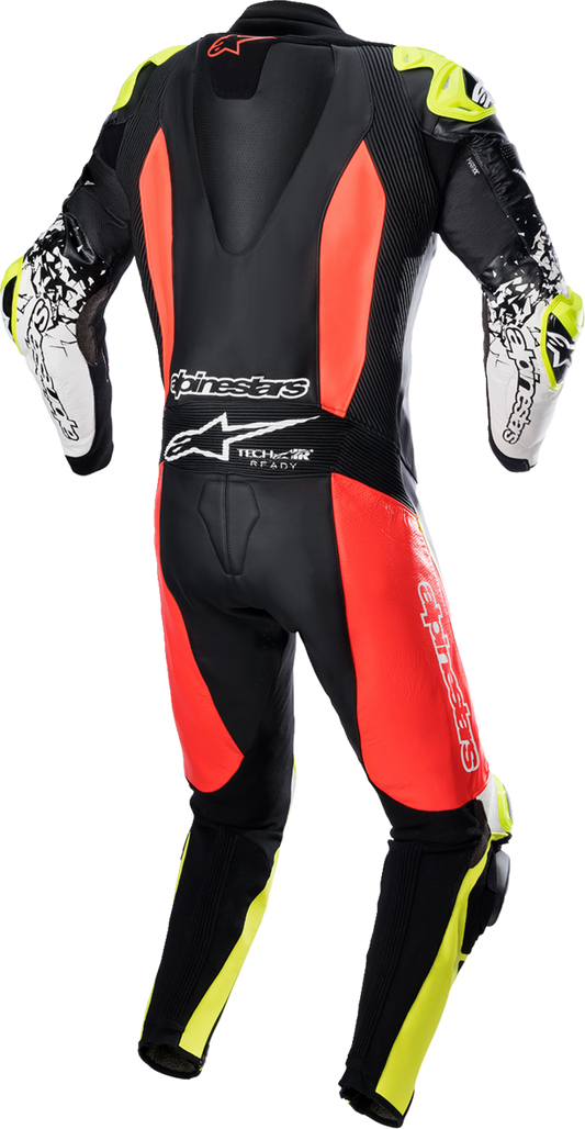 Alpinestars GP Tech Suit v4 in black, red, and fluorescent yellow leather racing suit with padded armor, size US 44 / EU 54.