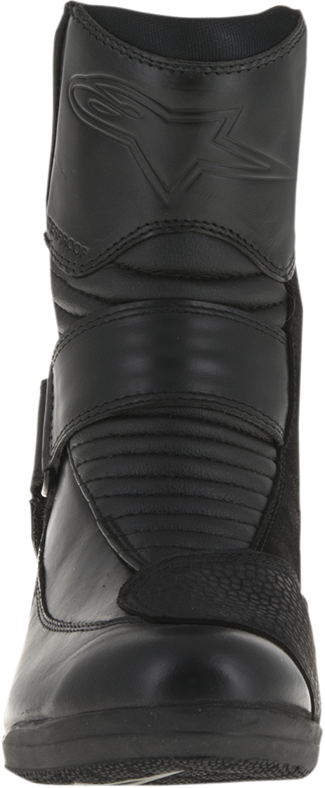 Black Alpinstars Stella Valencia waterproof boots for women, US size 8, EU 39, showing the sleek ankle-high design and waterproof material.