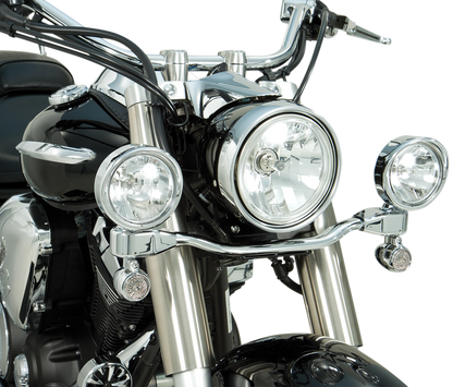 Bill's Exhausts SHOW CHROME driving light kit installed on V-Star 950 engine, featuring chrome finish and compact design.